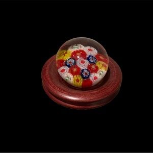 Small Glass Mille Fiore Paperweight - Blue Yellow Red White with stand